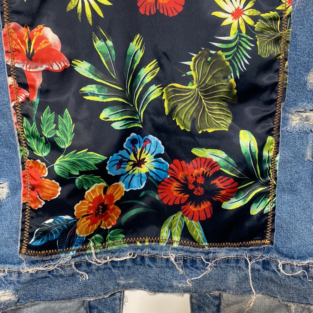 Oversized Distressed Denim Vest with Floral Back - Picture 11 of 17